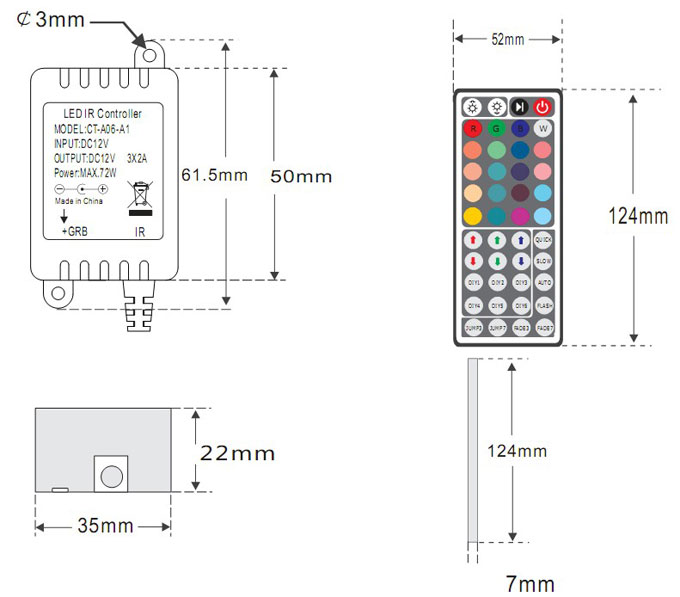 DC5-12/24V Max 12A 4A3CH, LED RGB MINI Wireless RF Infrared Controller For RGB LED Light Strips or Modules